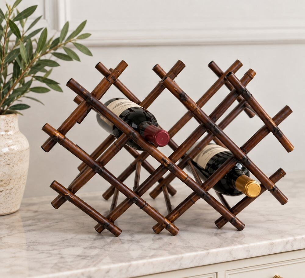 Folding Bamboo Wine Rack Accordion Expandable Bottle Holder Vintage Rustic Decor